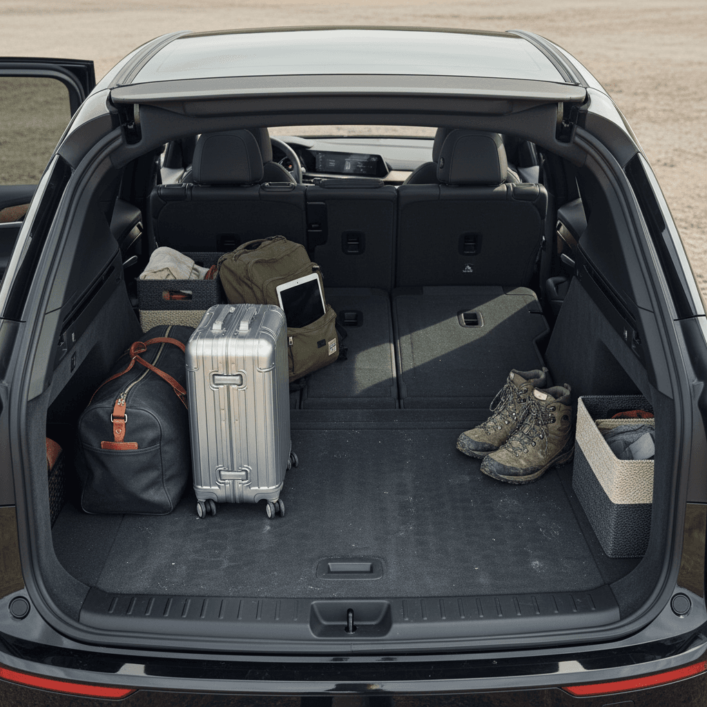 BMW iX rear cargo area shown from above with both rear seats folded flat and suitcases neatly arranged to show storage capacity
