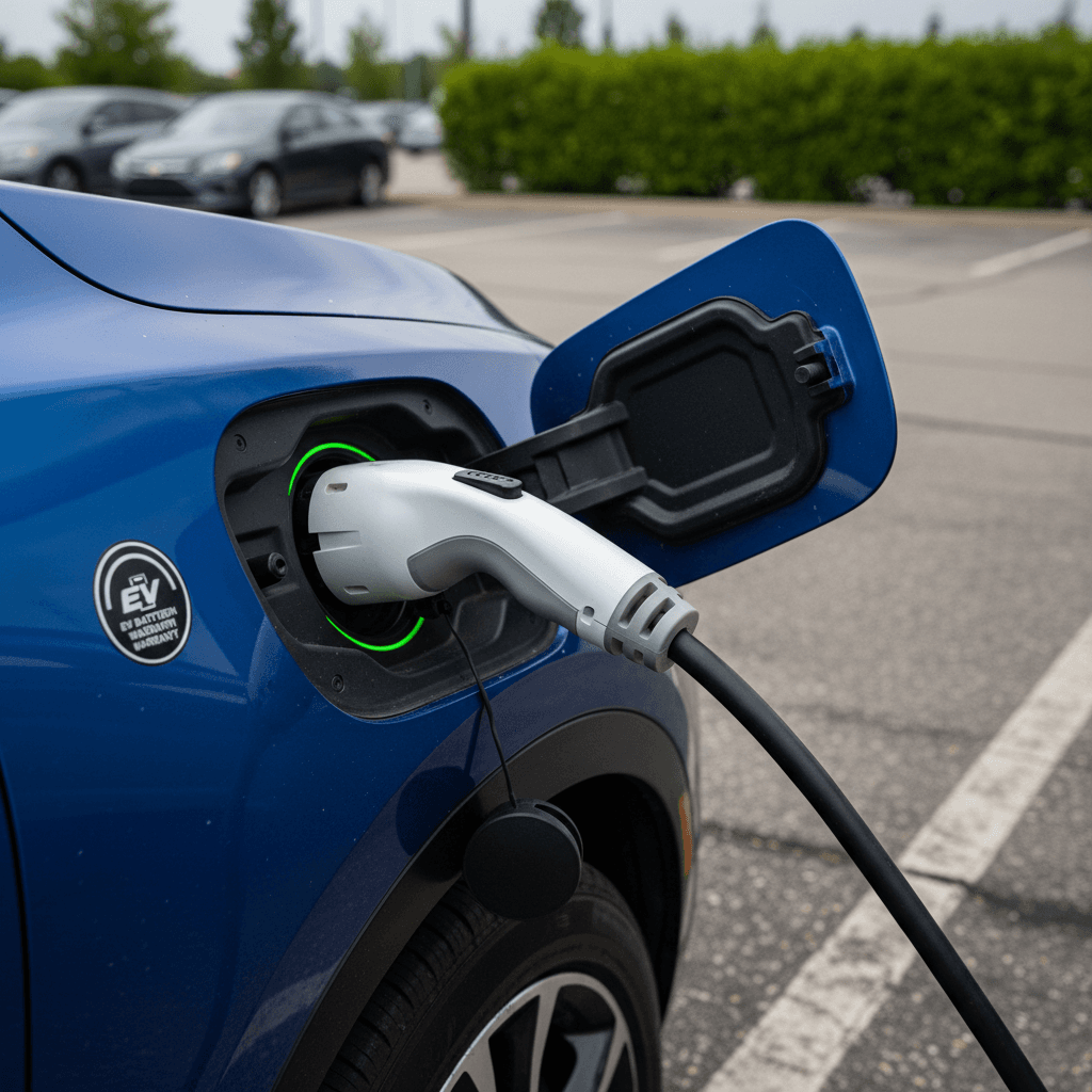 Close-up of a Chevy Blazer EV charging port with a DC fast-charging connector plugged in
