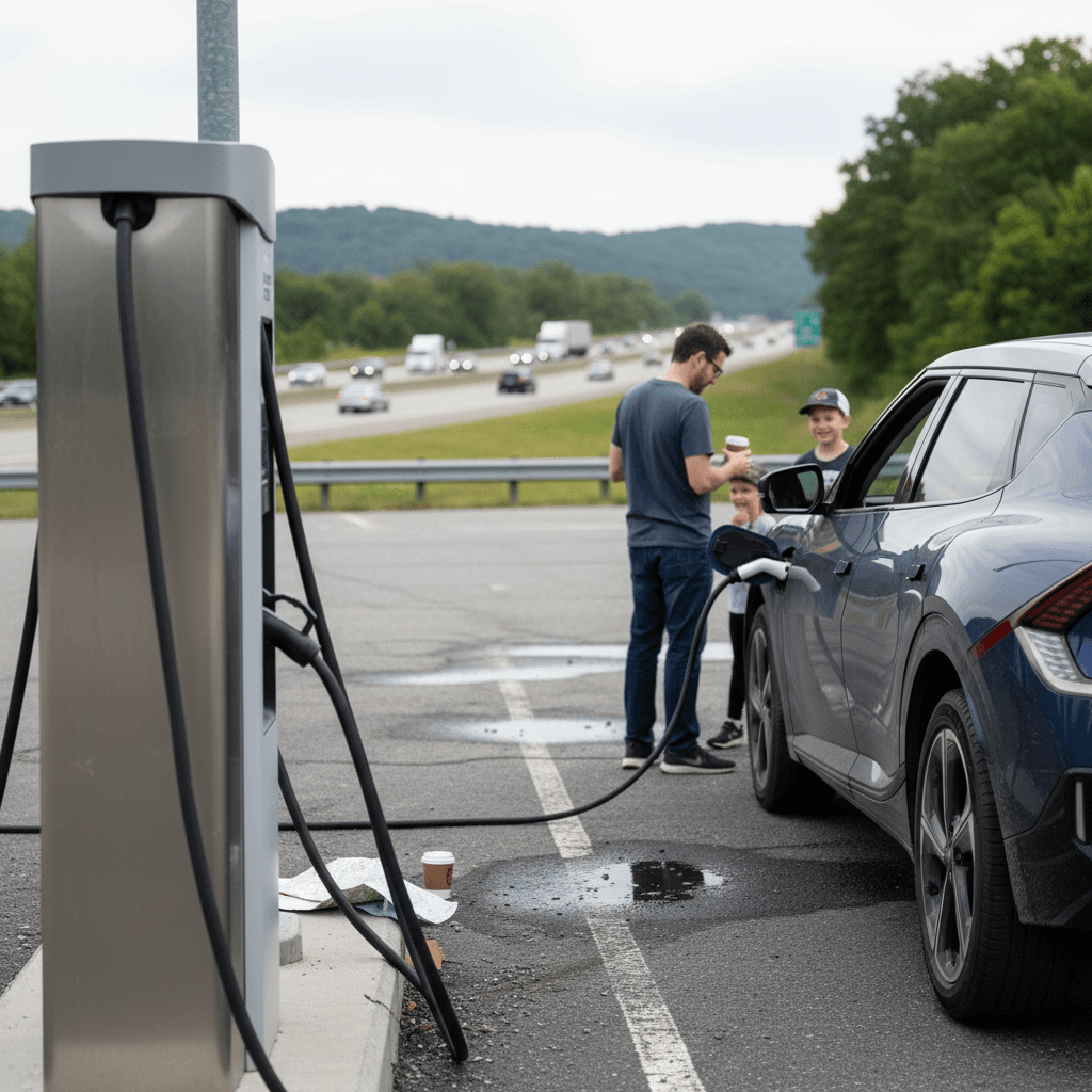 Illustrated map of the East Coast highlighting I‑95 with EV fast charging icons at major highway travel centers