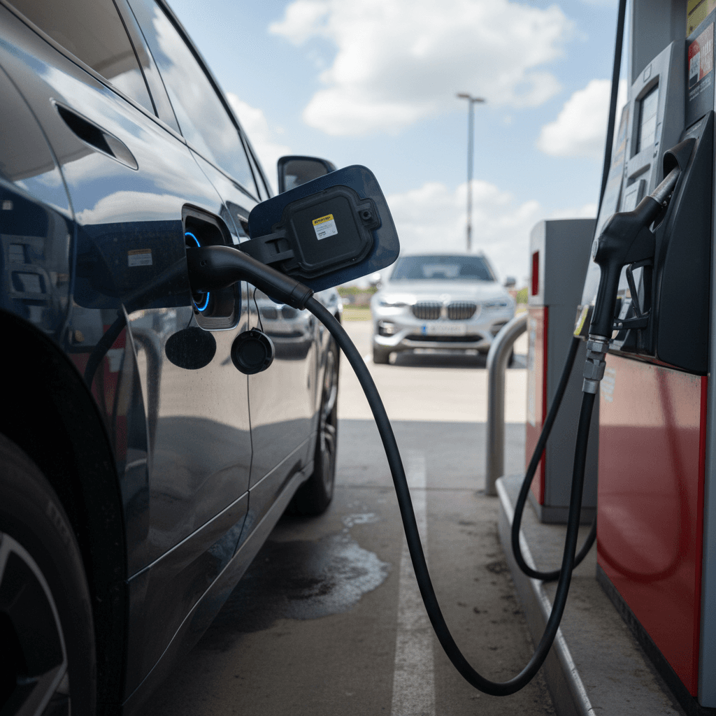 BMW iX plugged into a home charger next to a gasoline pump, illustrating the difference between electricity and fuel costs.
