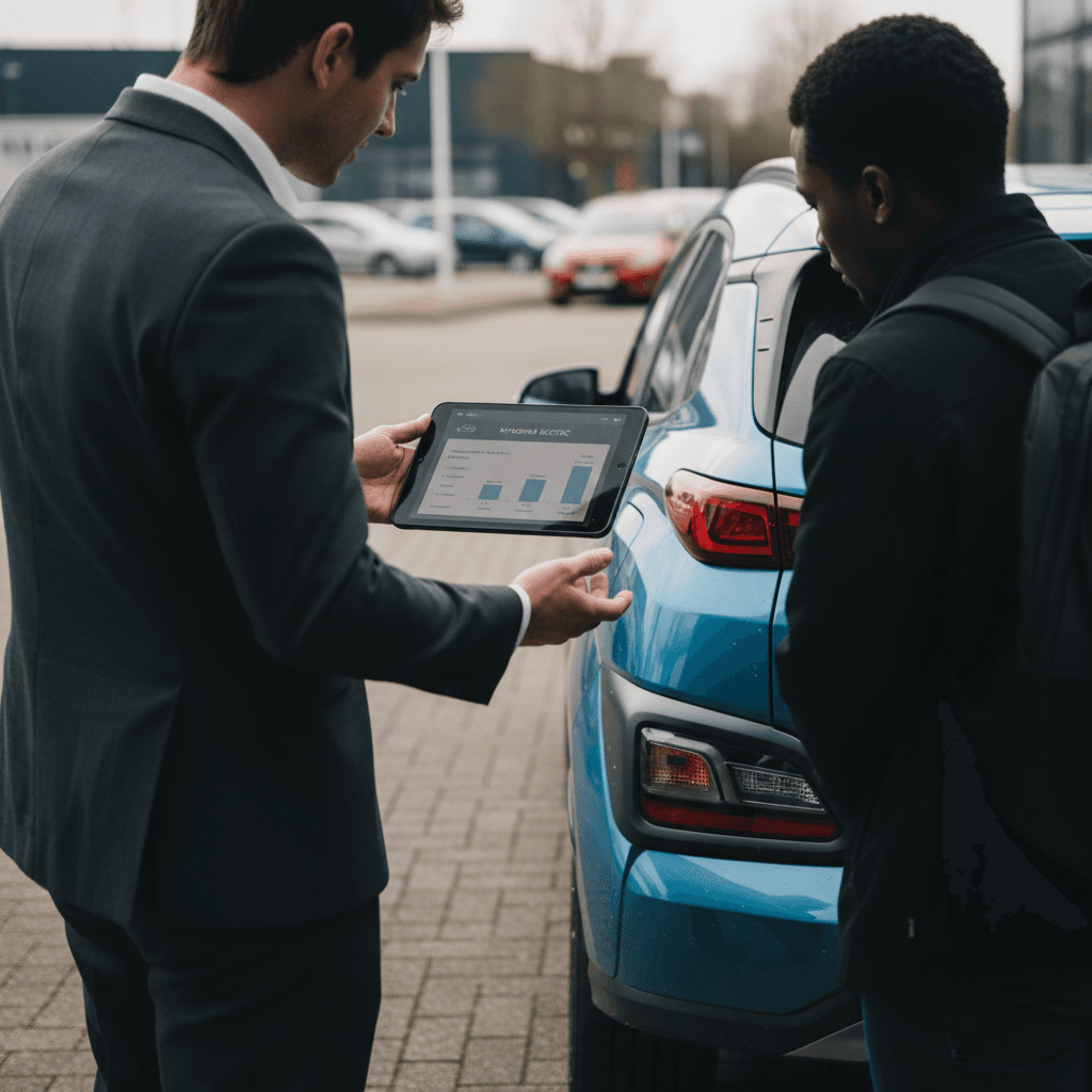 Sales advisor and owner reviewing Hyundai Kona Electric battery health and trade-in offer on a tablet