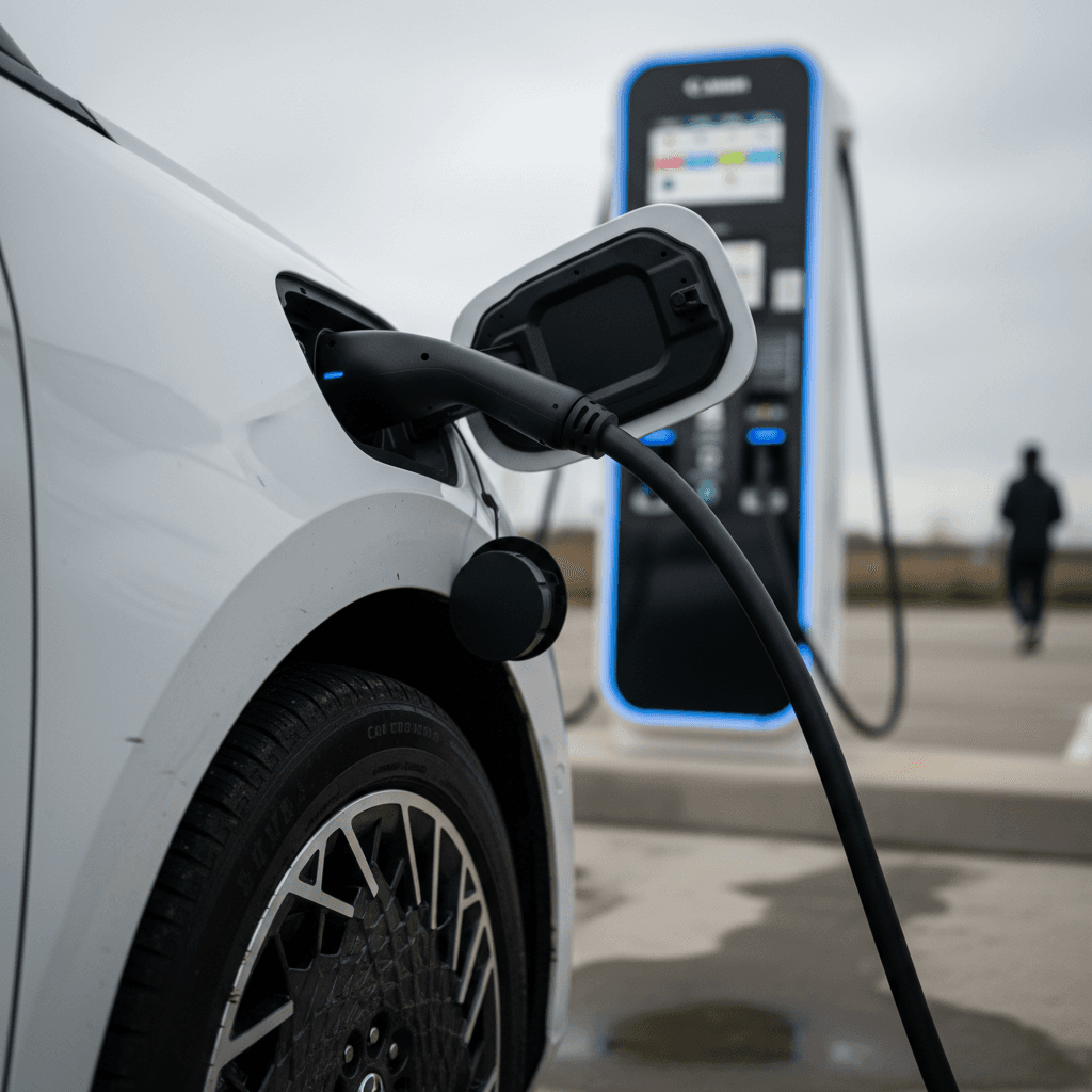 2023 Ford Mustang Mach-E plugged into a DC fast charger in a public parking lot