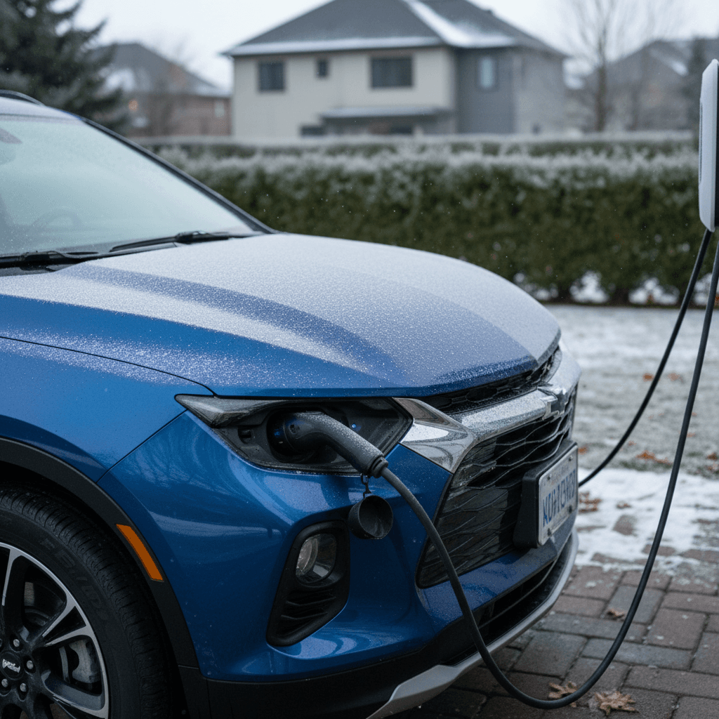 Chevrolet Blazer EV charging in a driveway on a frosty winter morning with frost on windows