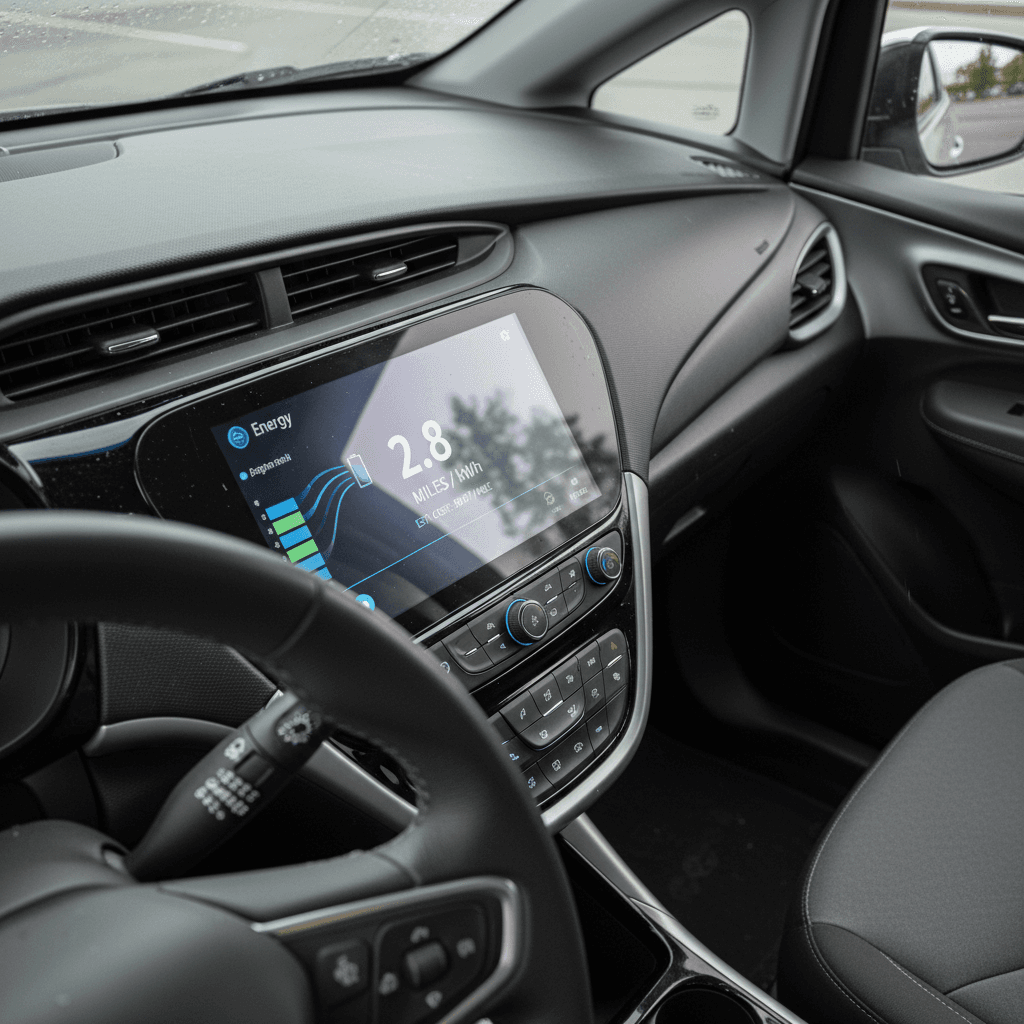 Chevy Bolt EV dashboard display showing real-time energy consumption and cost per mile estimates