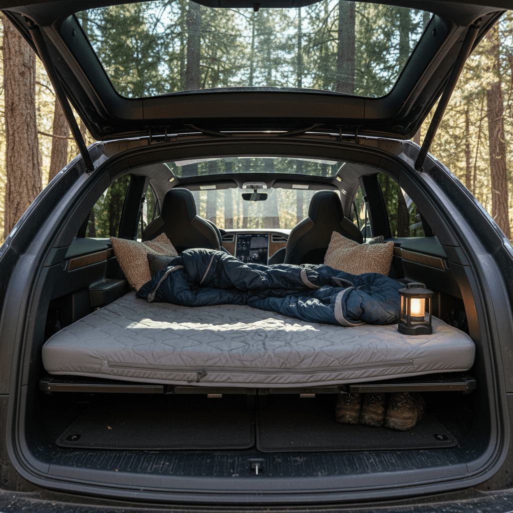 Tesla Model X rear seats folded flat with a camping mattress laid out for sleeping