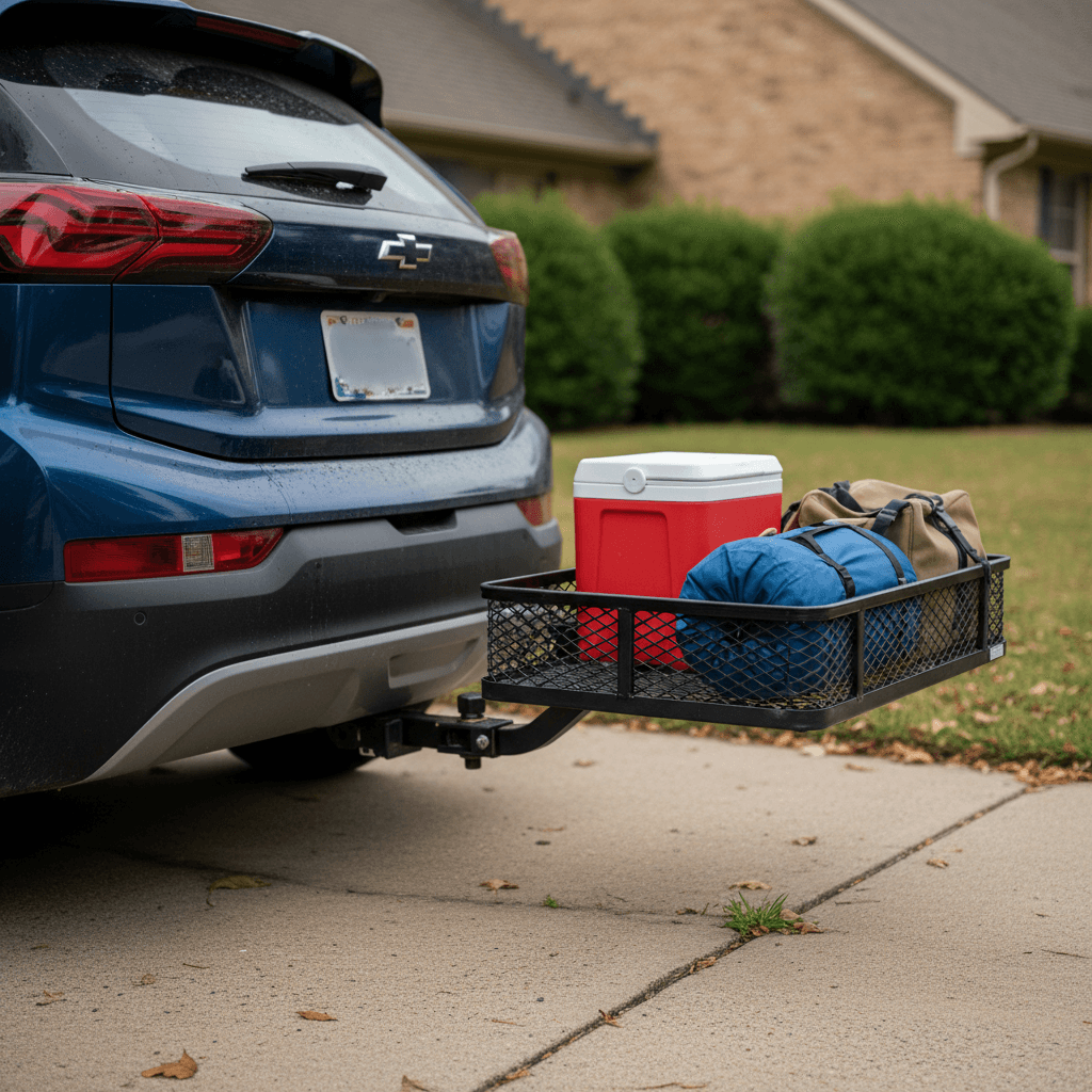 Chevy Bolt EV with an aftermarket hitch and small cargo carrier mounted at the rear in a residential driveway