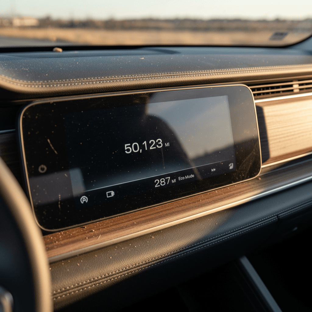 Rivian R1S dashboard showing around 50,000 miles on the odometer and current battery range estimate