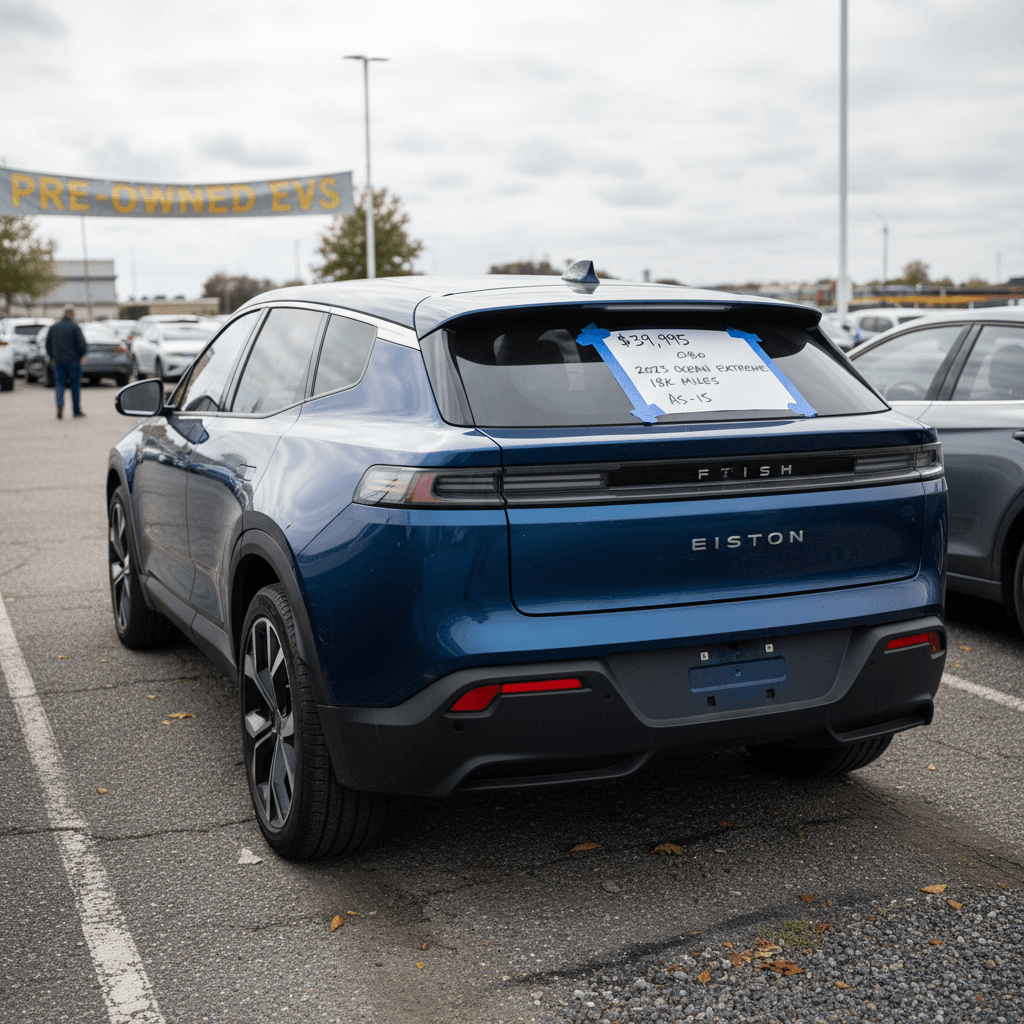 Used Fisker Ocean electric SUV parked on a dealership lot with a discounted price tag on the windshield