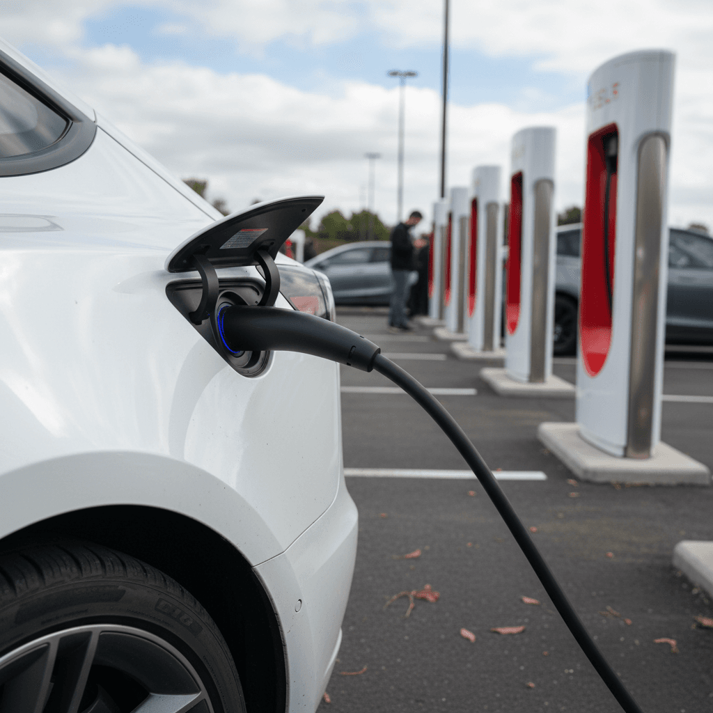 Tesla Model 3 plugged into a row of Superchargers at a highway rest stop