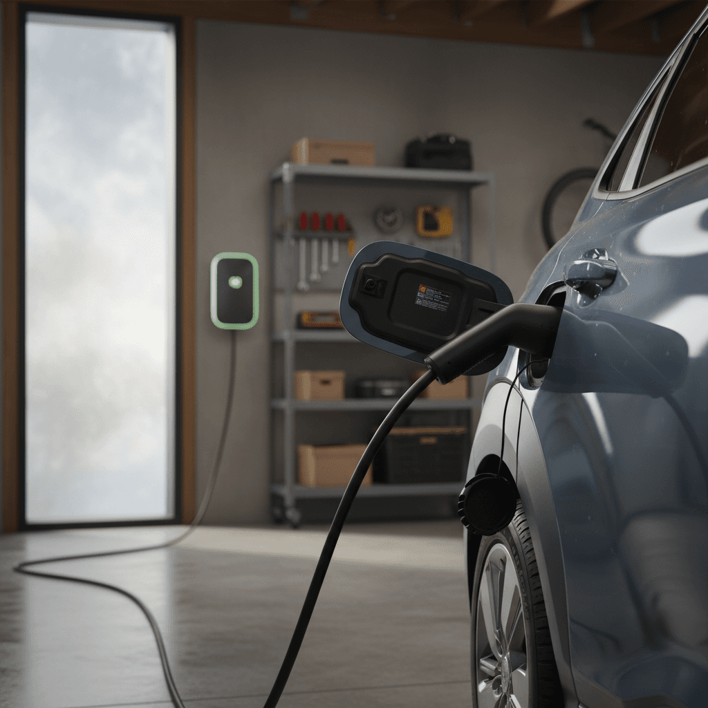 2022 Hyundai Kona Electric plugged into a Level 2 charger in a modern home garage
