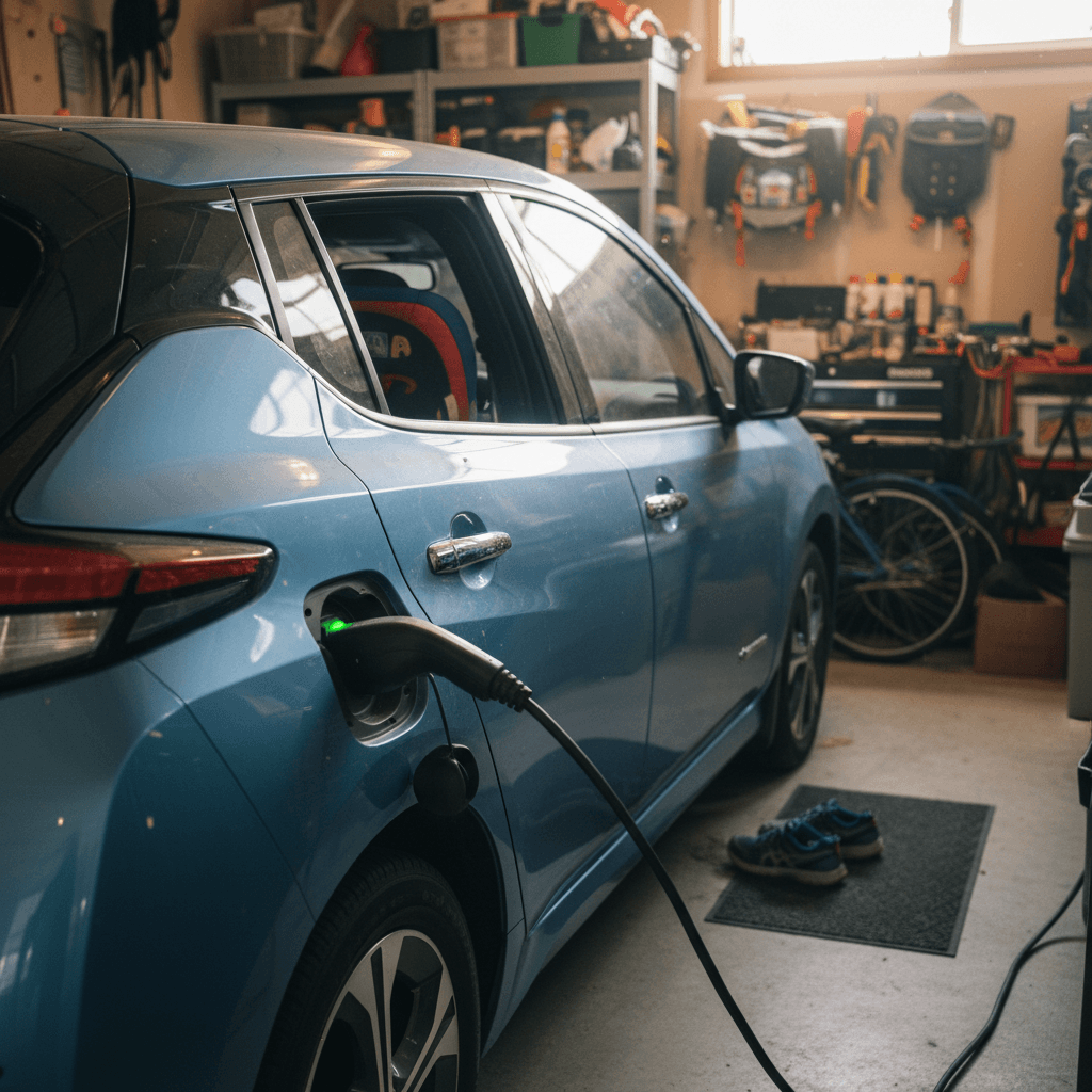 Compact SUV and sedan parked together in a suburban driveway as a two-car household