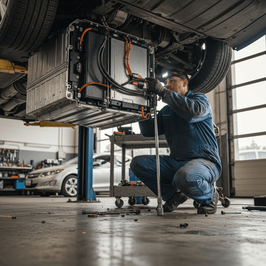 Chevy Volt plugged in and charging in a residential driveway