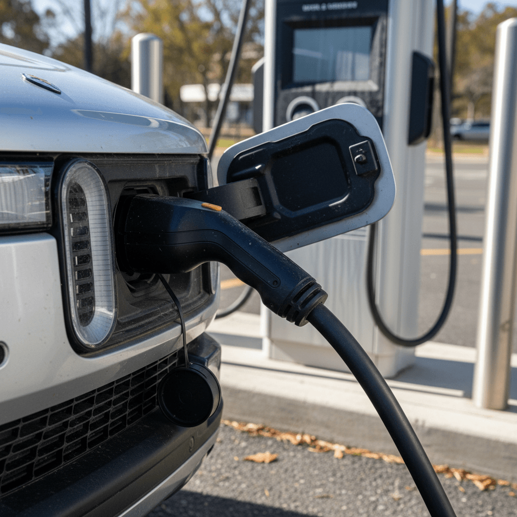 Rivian R1S plugged into a DC fast charger showing charging status on the vehicle’s screen
