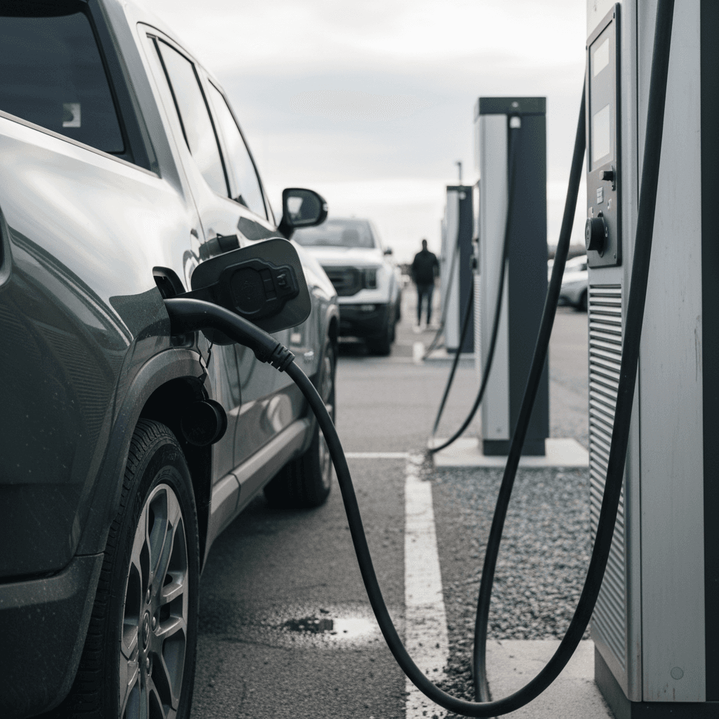 Electric pickup truck charging at a public fast charger