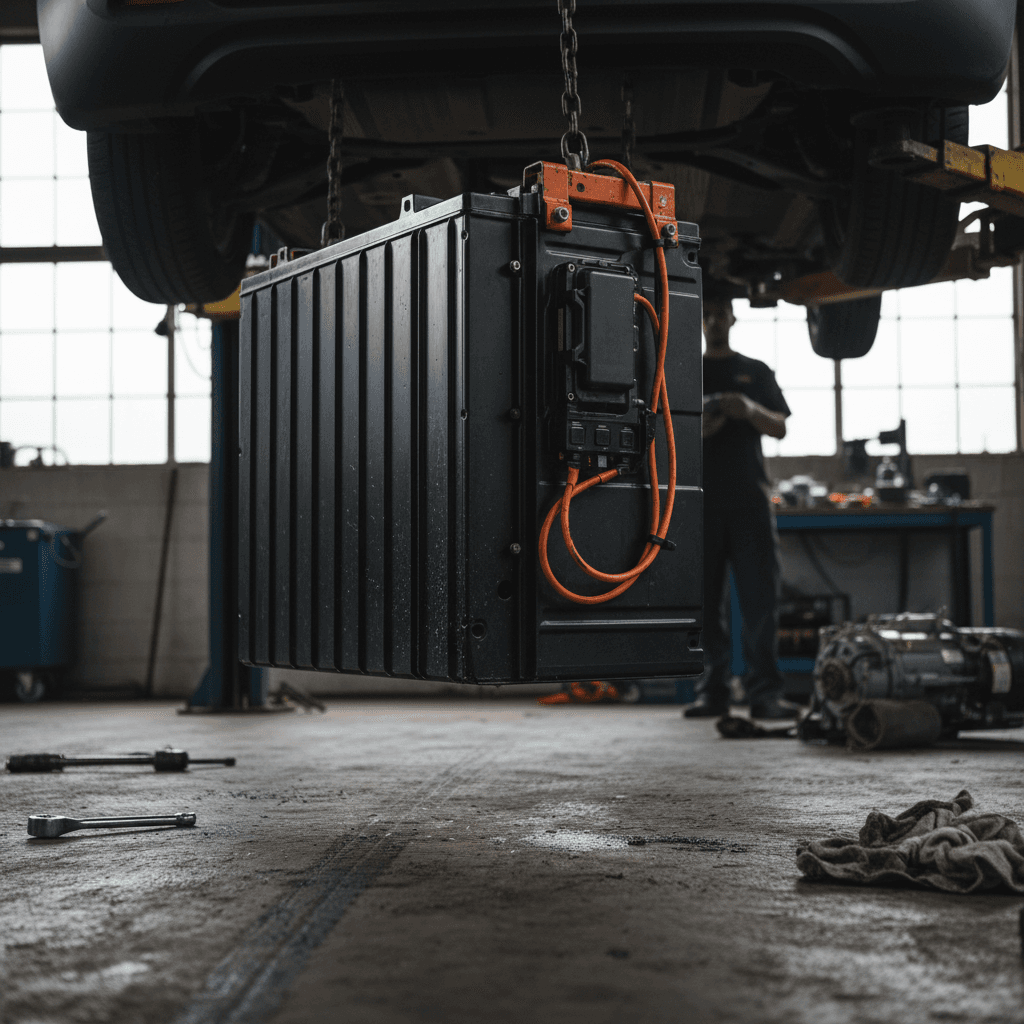 Technician inspecting an electric vehicle battery pack removed from a small car