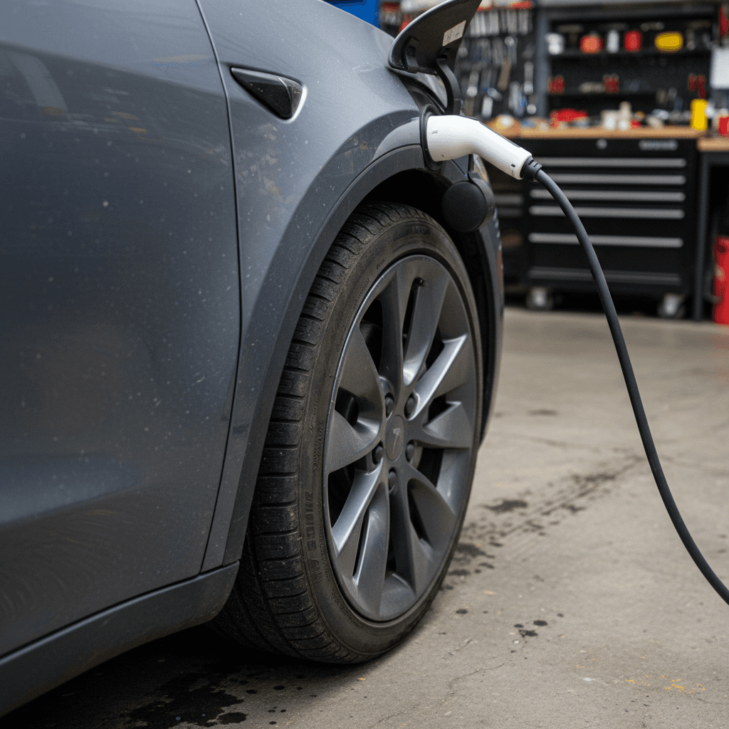 Owner checking a 2022 Tesla Model Y charging status and estimated range on screen before selling