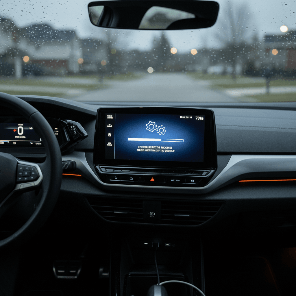 VW ID.4 infotainment screen showing a pending software update message with soft interior lighting
