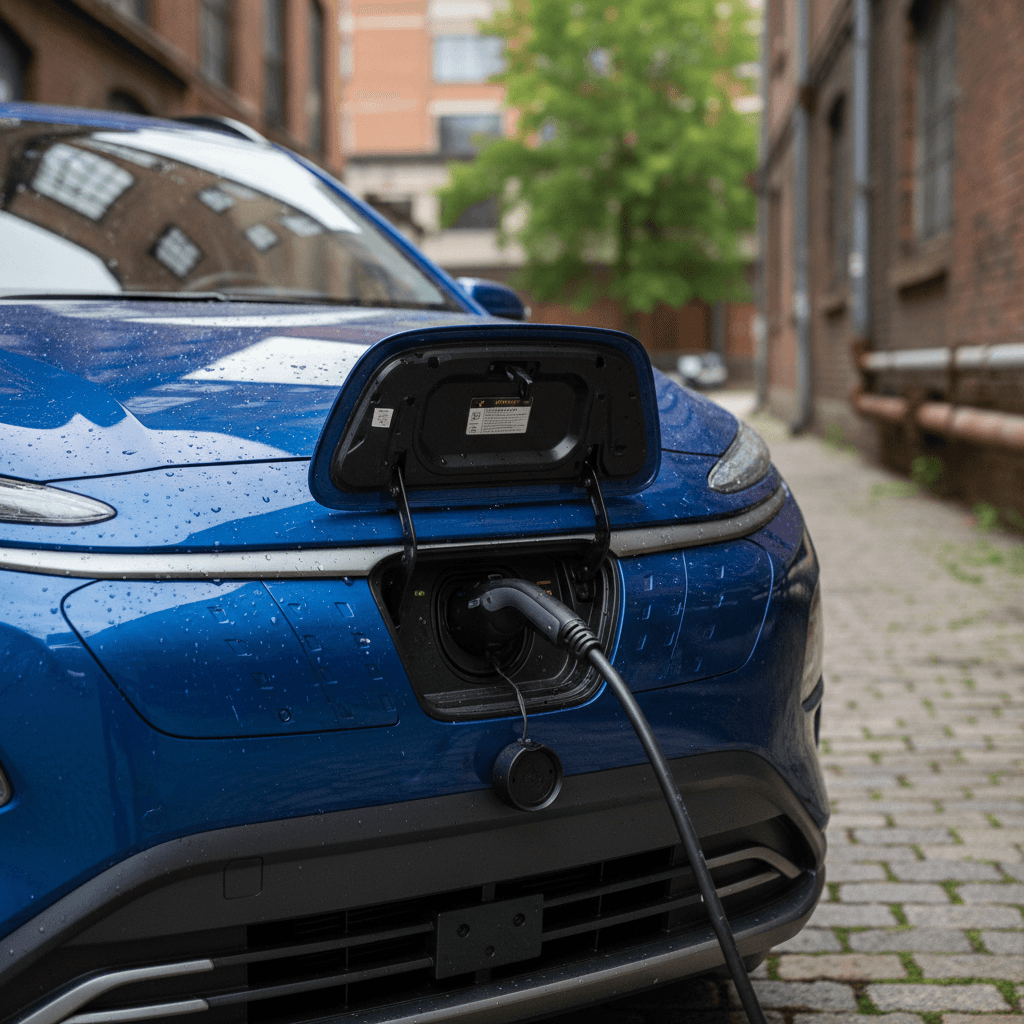 2024 Hyundai Kona Electric front three-quarter view showing charging port and modern lighting