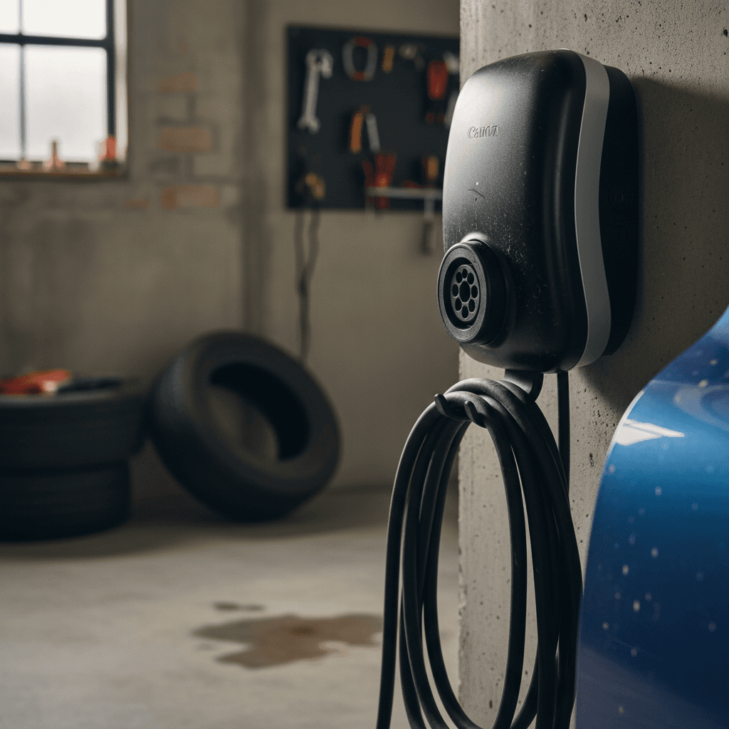 Level 2 electric car charging station mounted on a garage wall for home EV charging service
