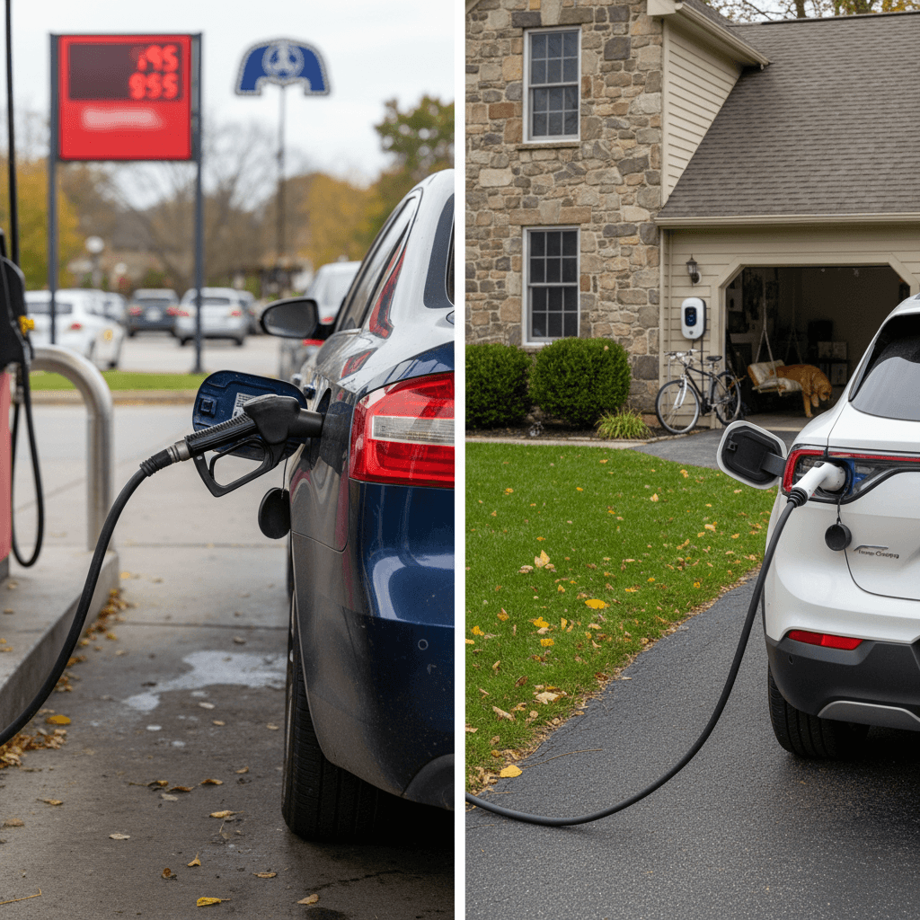 Gas-powered car refueling at a Pennsylvania gas station next to an electric vehicle charging at a home charger in a suburban driveway