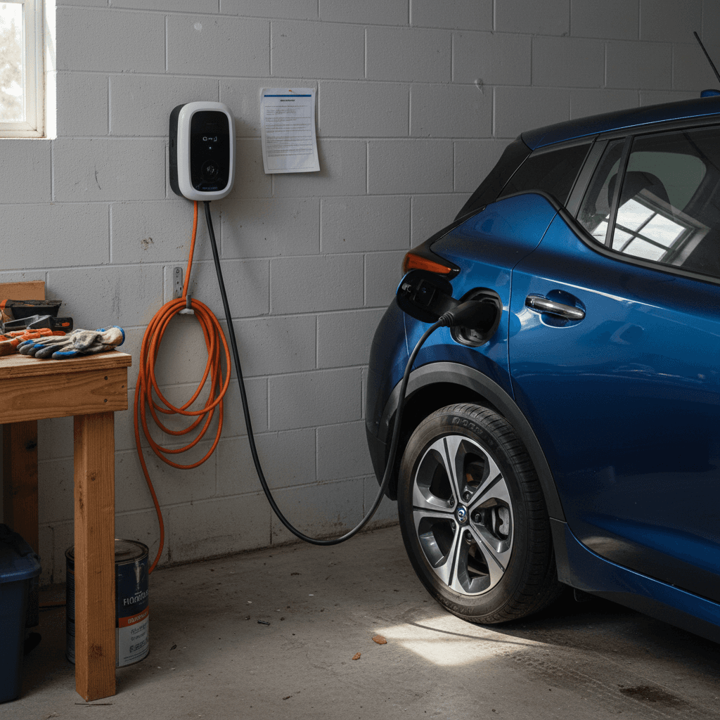 Level 2 EV charger installed on a garage wall in a Virginia Beach home with an electric SUV plugged in