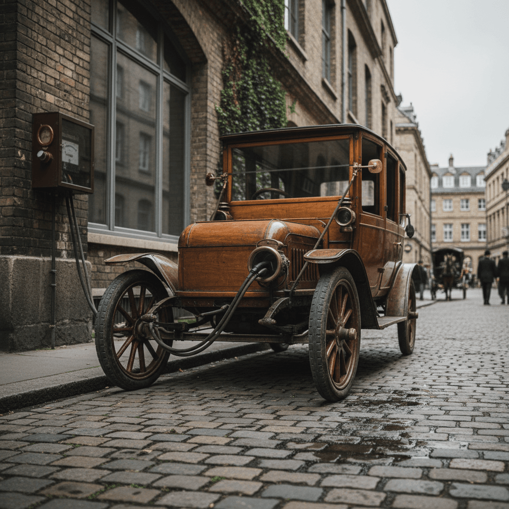 Early 1900s electric car styled like a carriage driving on a city street