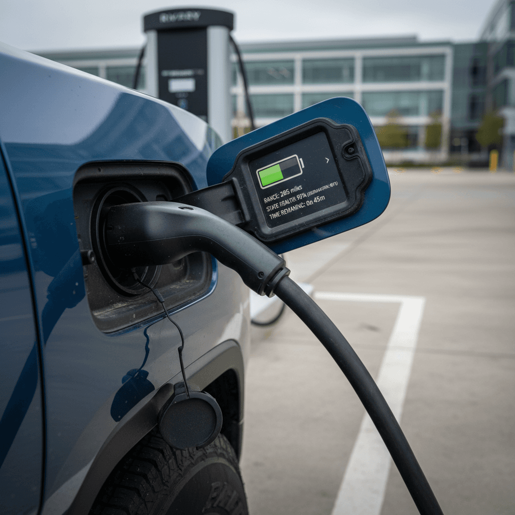 Rivian R1T plugged in at a public charger with battery range displayed on the screen
