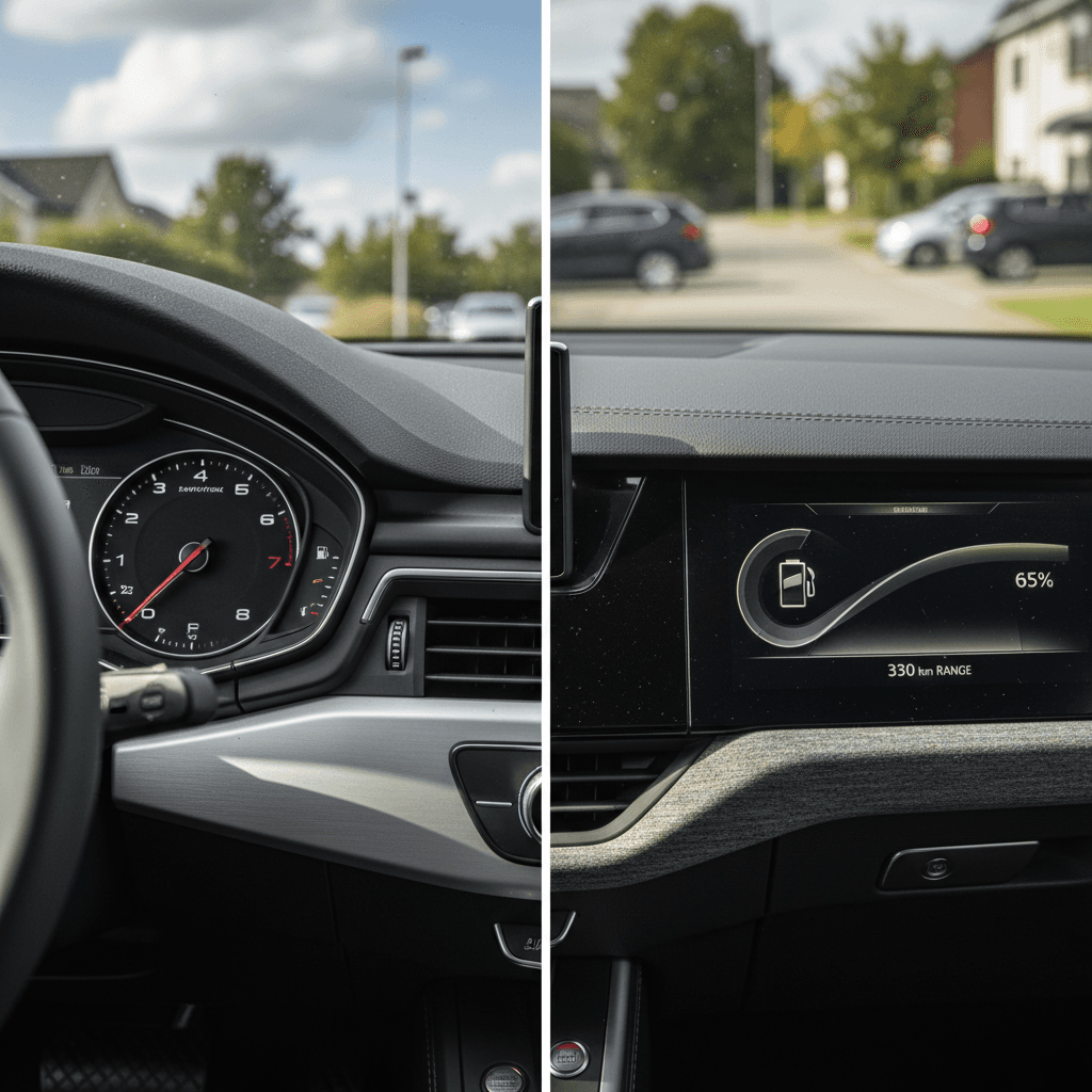 Digital electric vehicle energy display next to a traditional fuel gauge, illustrating Audi A4 vs Q4 e-tron ownership costs