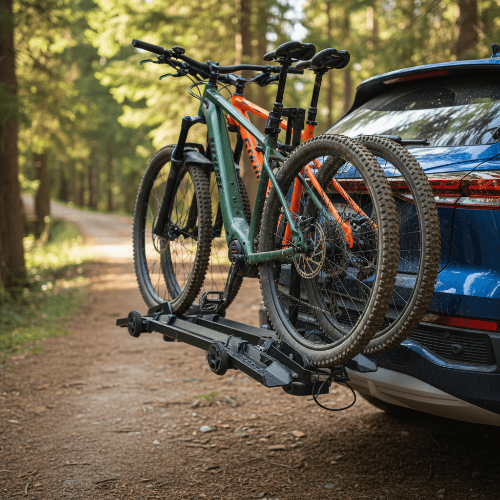 Hitch-mounted platform bike rack with two bicycles on the back of an electric SUV