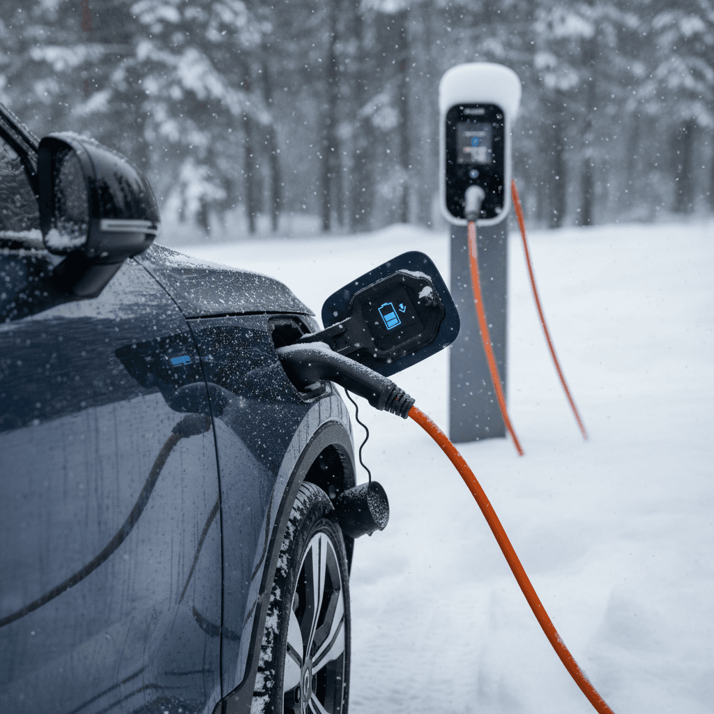Volvo C40 Recharge plugged into a public DC fast charger on a snowy day, illustrating winter range and charging impact