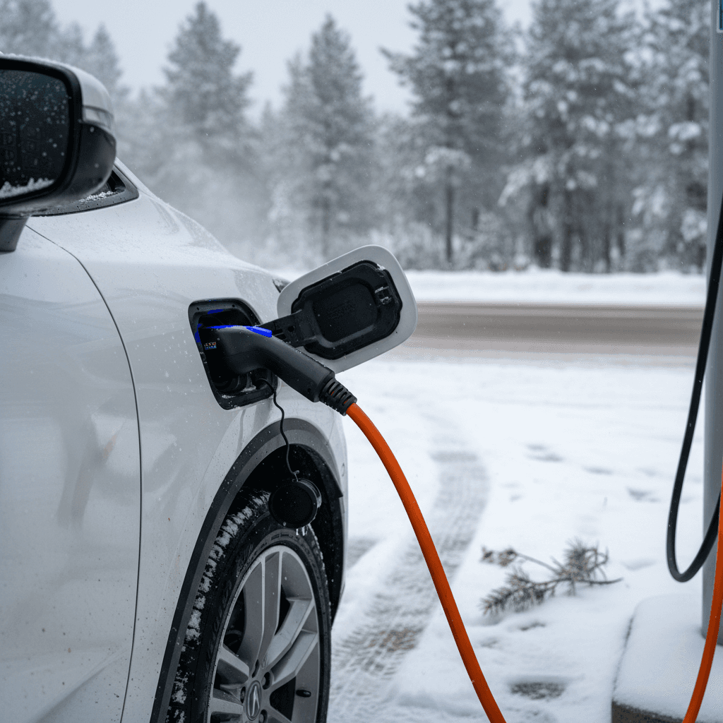 Acura ZDX charging at a fast-charging station in snowy conditions, showing connector plugged into front fender port