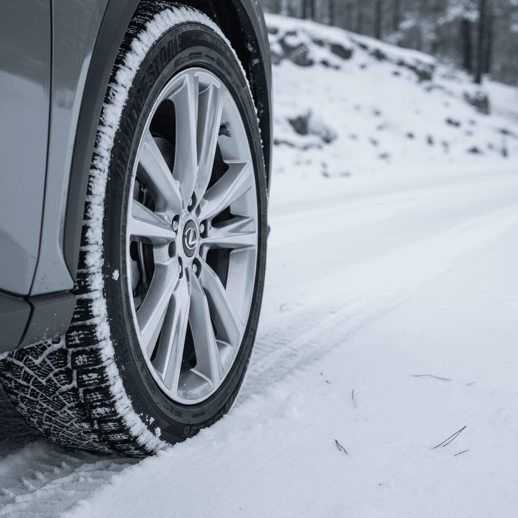Lexus RZ 450e tire and wheel close-up on packed snow showing tread and ground clearance