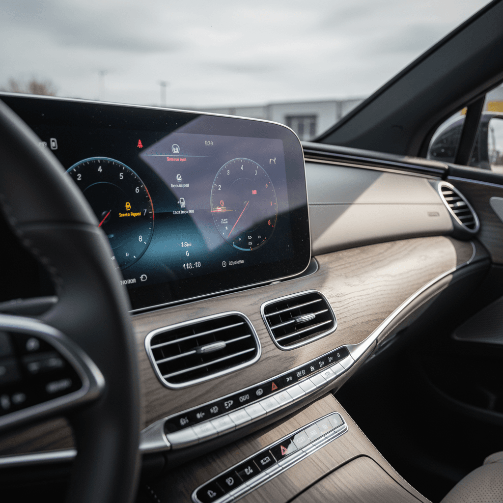 Close-up of a Mercedes EQS digital cluster showing battery state of charge and range estimate