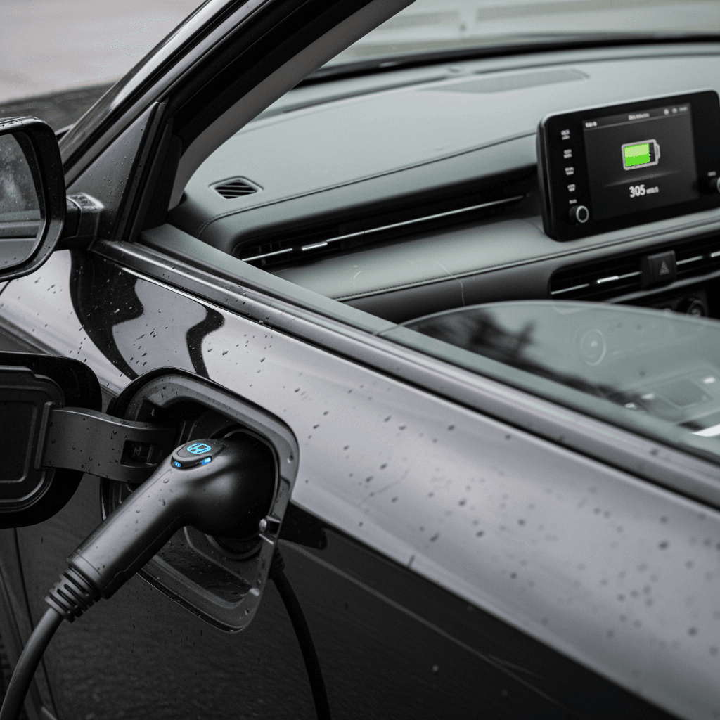 Honda Prologue charging port and dashboard display showing state of charge and range estimate while plugged in