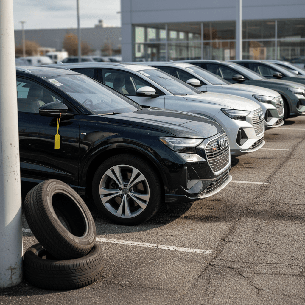 Row of used Audi Q4 e-tron SUVs parked on a dealer lot, highlighting depreciation-driven pricing opportunities