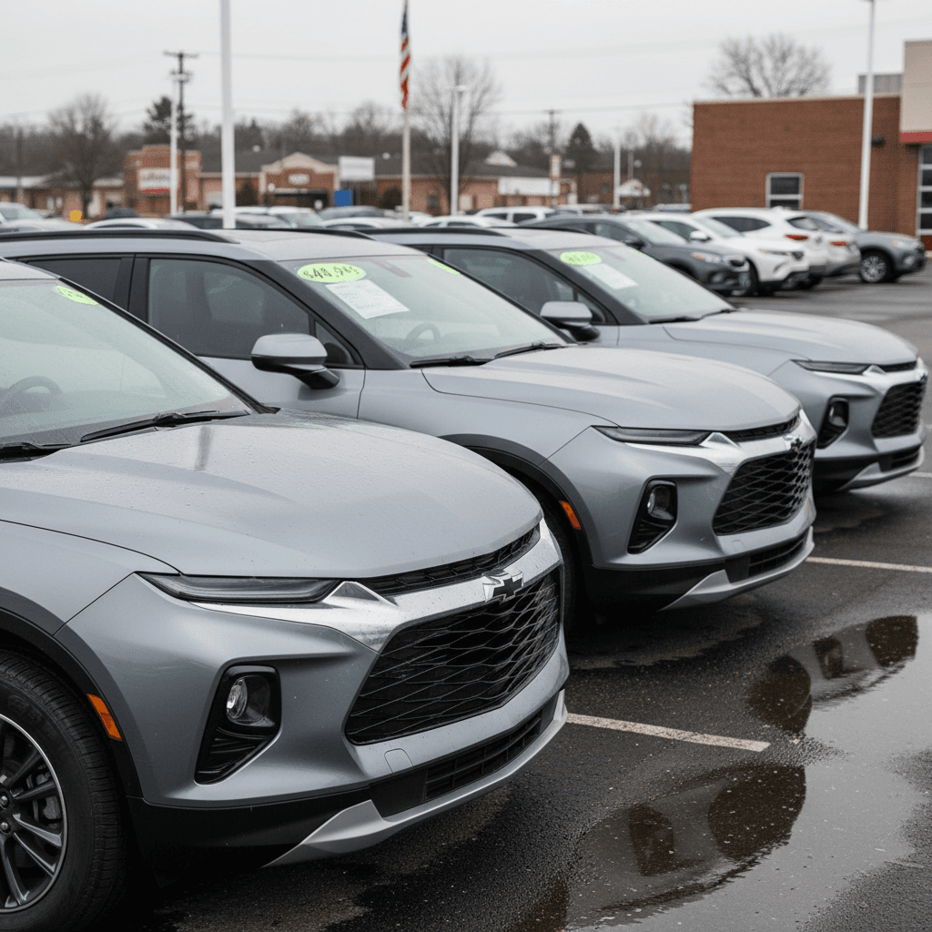 Row of used Chevy Blazer EVs parked on a lot, ready for resale