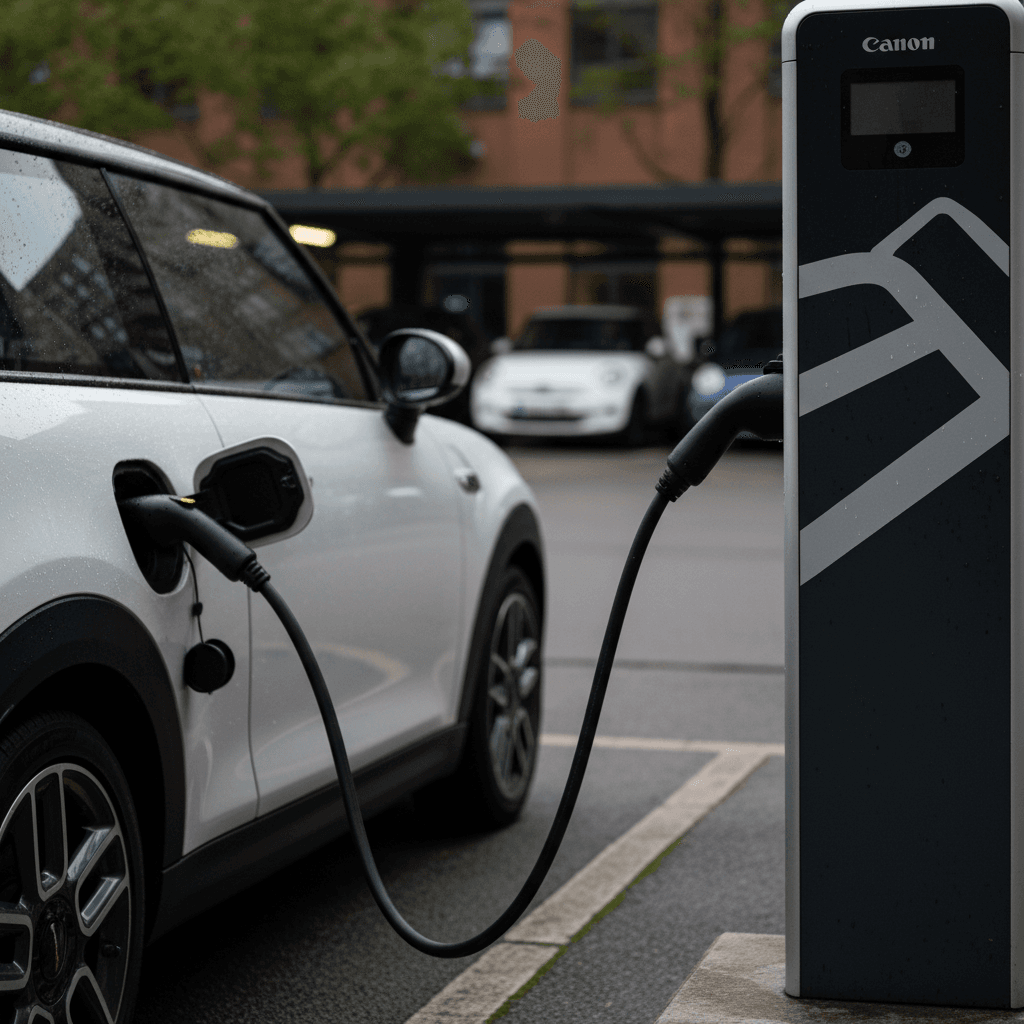Compact electric car parallel parked on a tight city street