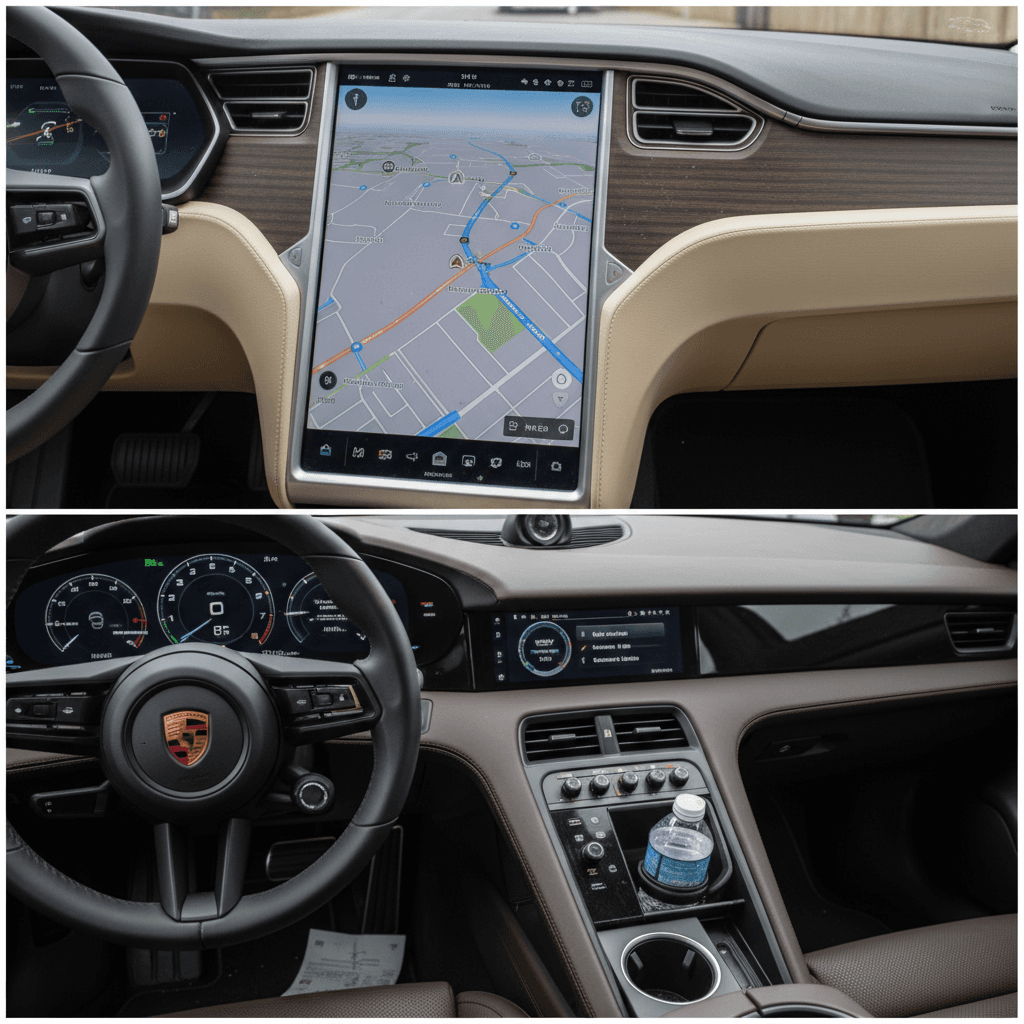 Split interior view of a Tesla Model S and Porsche Taycan cabins highlighting tech and controls