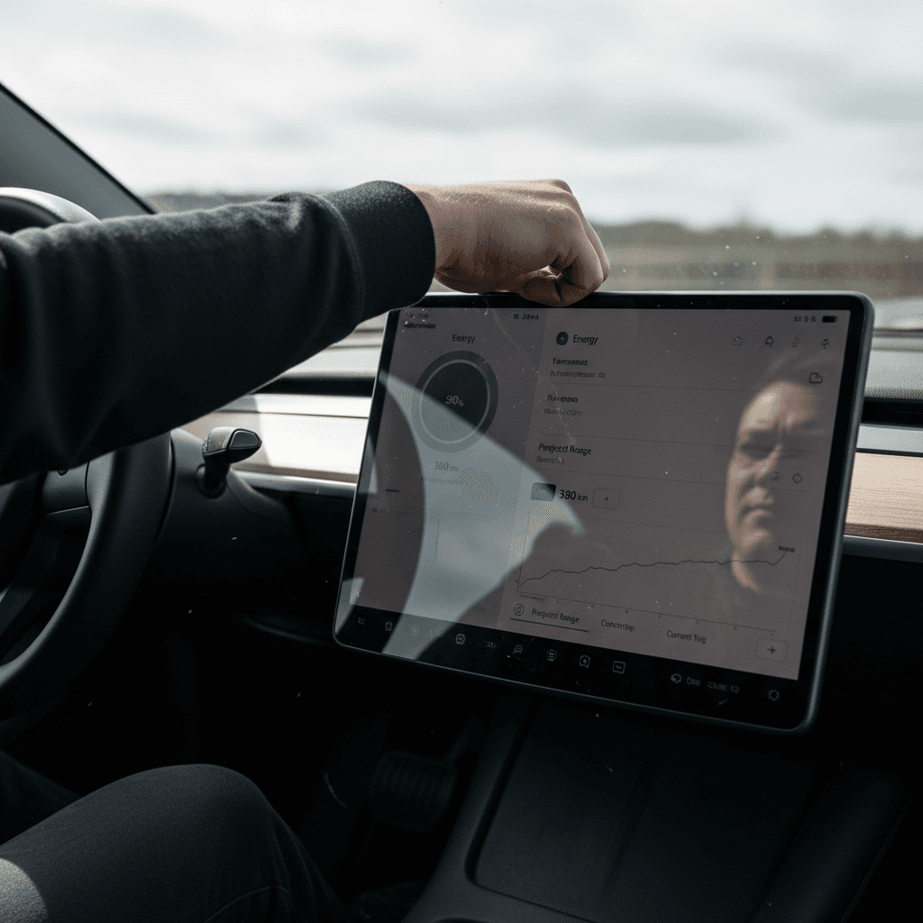 Driver adjusting Tesla Model 3 screen settings to optimize charging and range