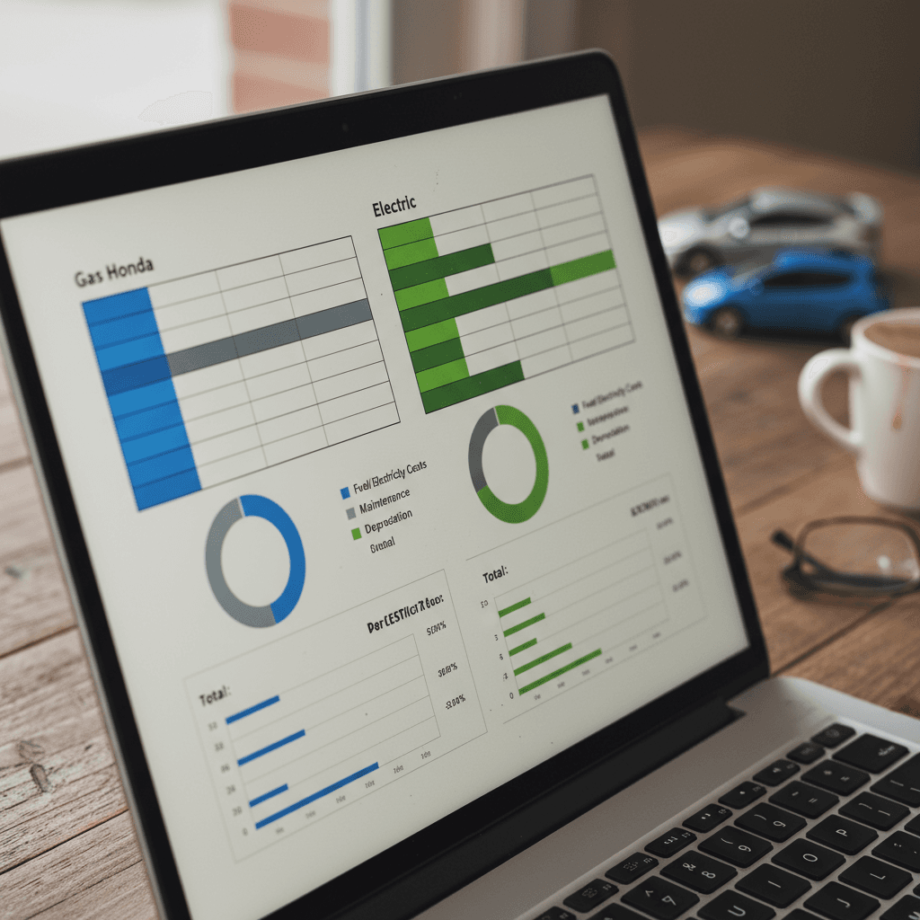 Spreadsheet-style comparison showing annual fuel and maintenance costs for a Honda Civic versus a Nissan Leaf