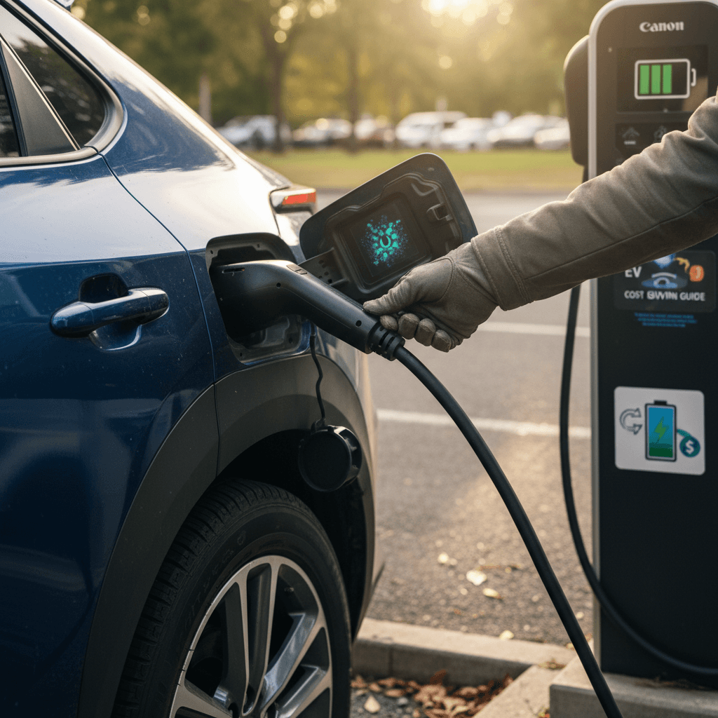 Electric car plugged in at a public charging station, symbolizing cost comparison with gas fueling