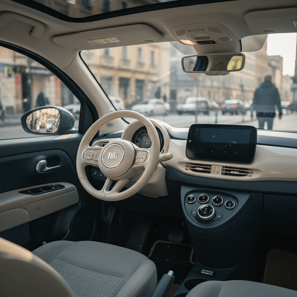 Front seats and dashboard of the 2024 Fiat 500e with large central touchscreen and simple controls