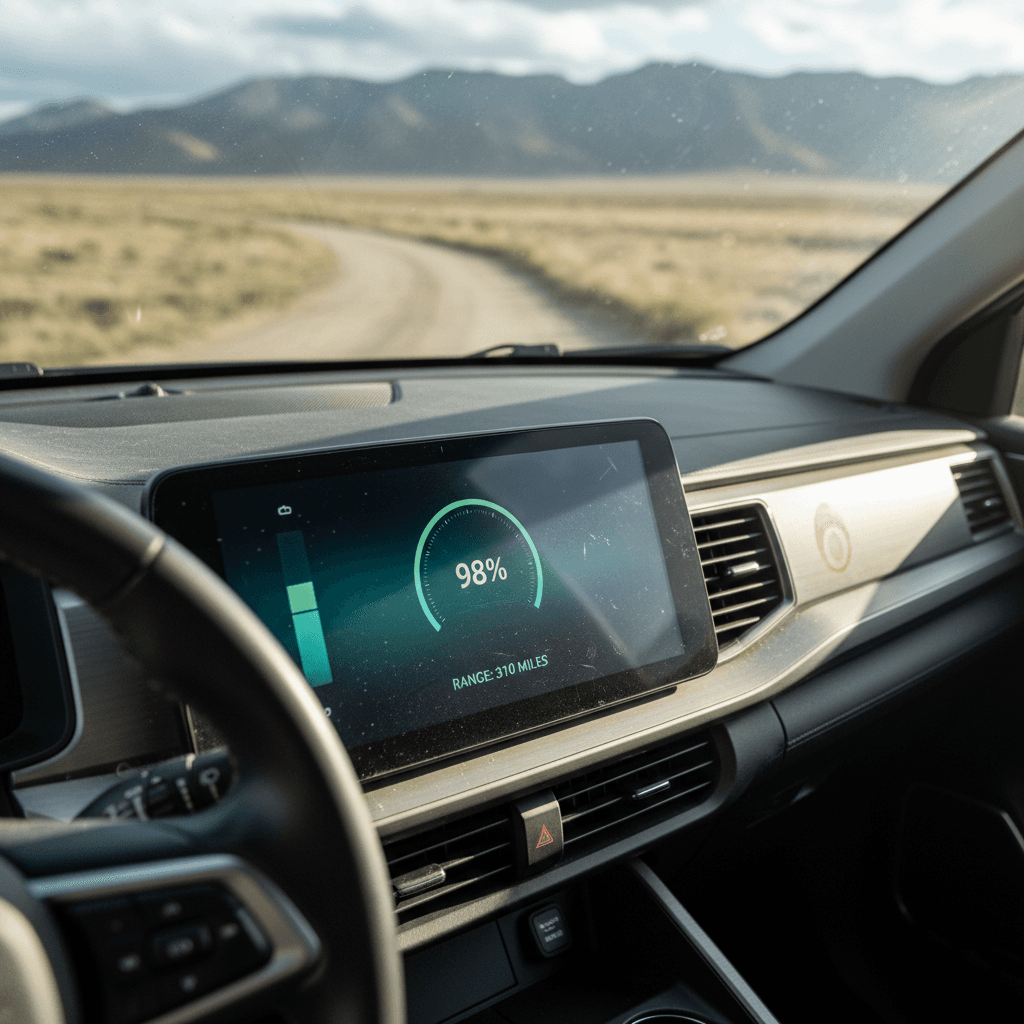 Driver looking at an EV SUV’s dashboard showing battery health, state of charge, and estimated range