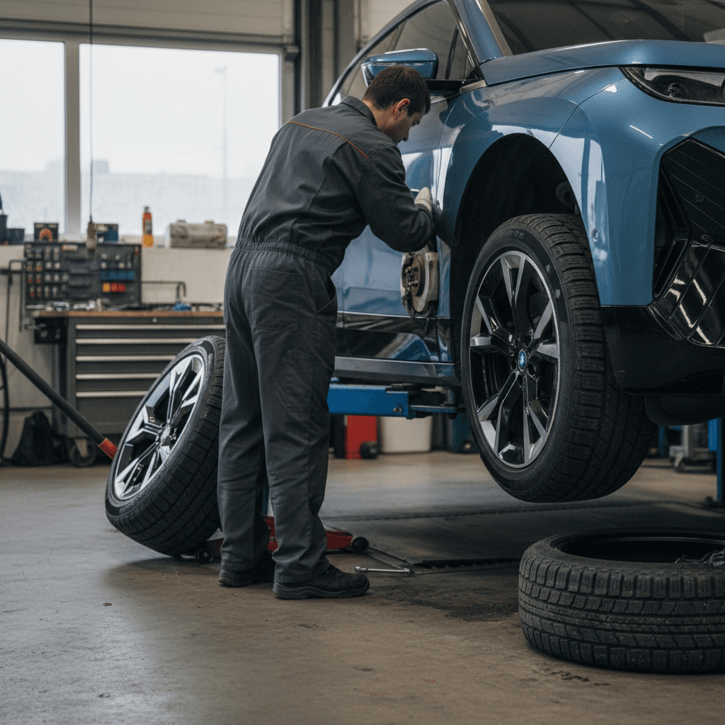 Technician inspecting tires and brakes on a BMW iX on a lift