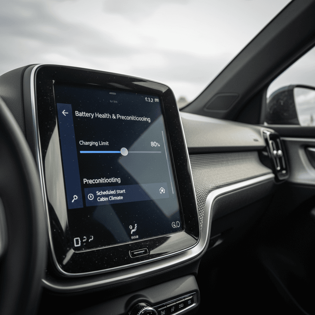 Driver adjusting Volvo EX30 charging limit and preconditioning settings on the center touchscreen