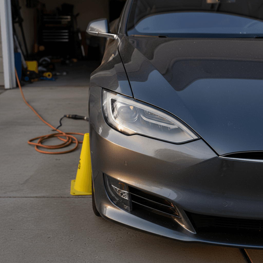 Front end of a Tesla Model S parked in a driveway, highlighting the hood and safety systems