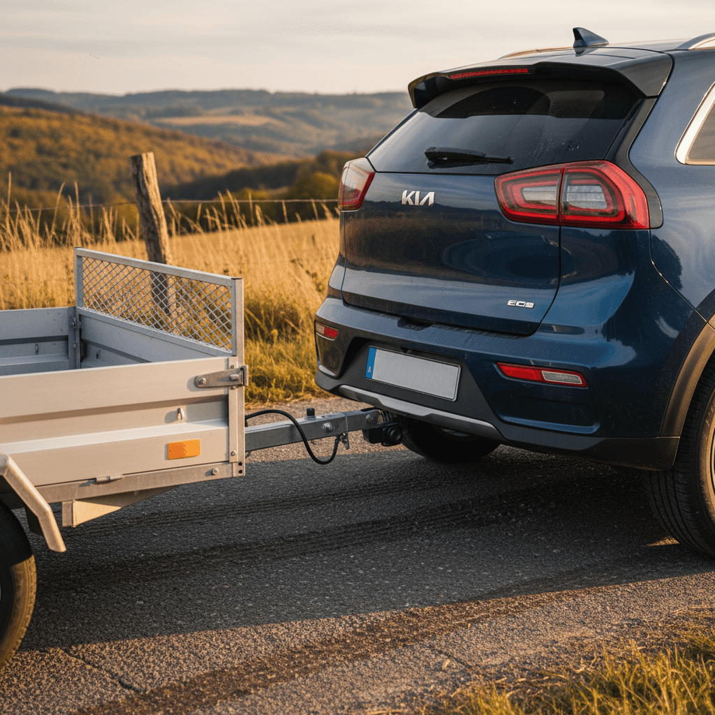 Rear three-quarter view of a Kia Niro EV with a tow hitch and a small single-axle trailer attached in a driveway