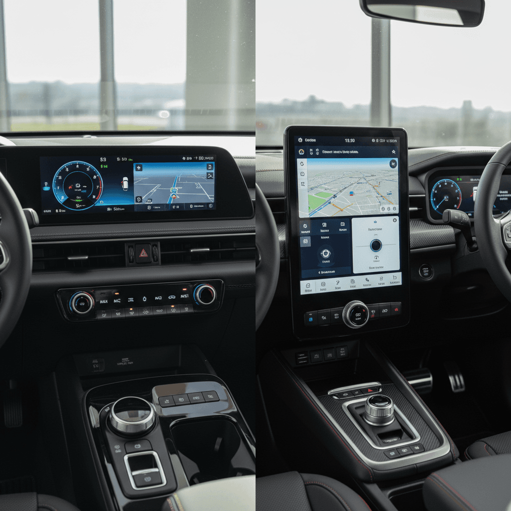 Dashboard comparison of Kia EV6 and Ford Mustang Mach-E interiors showing their large touchscreens and digital gauges