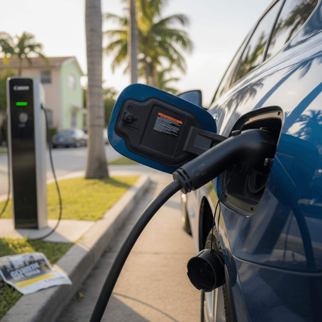 Electric car plugged into a curbside charging station on a sunny residential street in Miami with palm trees and pastel buildings in the background.