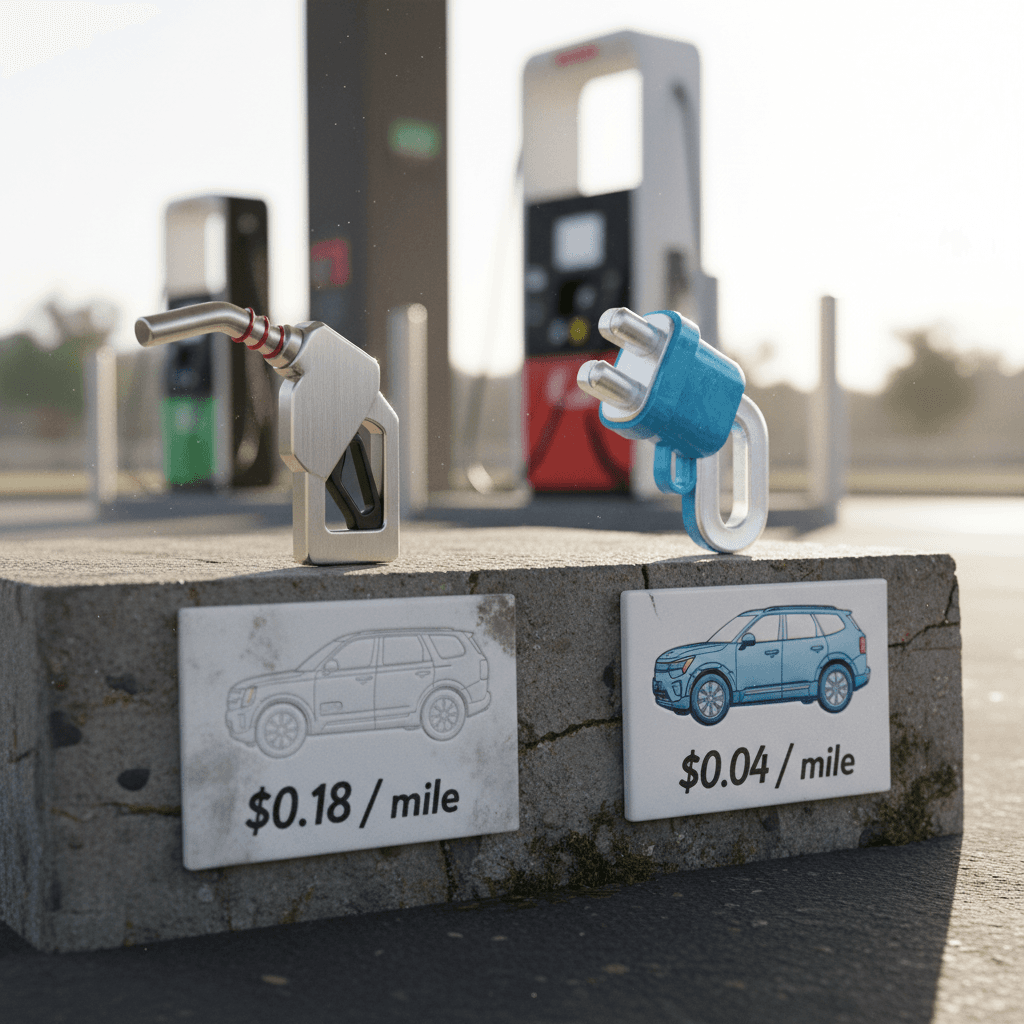 Side‑by‑side visualization of a fuel pump and an electric plug showing cost‑per‑mile differences between a Kia Telluride and a Kia EV9